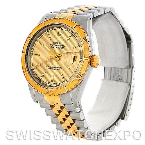 The image shows a Rolex Turn-o-Graph 16263 Men's Steel and Gold (two tone) Champagne Dial 16263 Men's Steel and Gold (two tone) Champagne Dial model from a front-left angle, highlighting its bezel, dial, and two-tone bracelet.