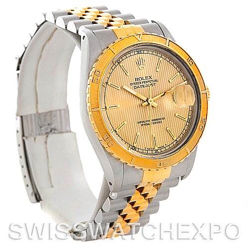 This image showcases the Rolex Turn-o-Graph 16263 Men's Steel and Gold (two tone) Champagne Dial 16263 Men's Steel and Gold (two tone) Champagne Dial model from a side angle, highlighting the watch face, bezel, and two-tone bracelet.