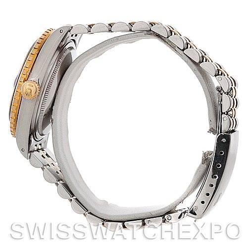 The image shows the side view of a Rolex Turn-o-Graph 16263 Men's Steel and Gold (two tone) Champagne Dial 16263 Men's Steel and Gold (two tone) Champagne Dial watch, highlighting the bezel, crown, and bracelet.