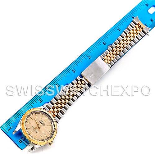 The image shows a Rolex Turn-o-Graph 16263 Men's Steel and Gold (two tone) Champagne Dial 16263 Men's Steel and Gold (two tone) Champagne Dial watch laid flat, with its face, bezel, bracelet, and clasp visible, alongside a ruler for scale.