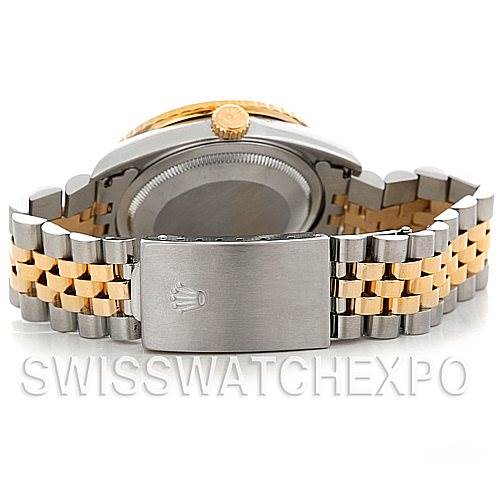 The image shows the back view of a Rolex Turn-o-Graph 16263 Men's Steel and Gold (two tone) Blue Dial 16263 Men's Steel and Gold (two tone) Blue Dial watch, highlighting its clasp and metal bracelet.
