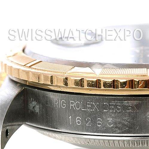 This image shows a close-up of the case side, bezel, and part of the crystal of the Rolex Turn-o-Graph 16263 Men's Steel and Gold (two tone) Blue Dial 16263 Men's Steel and Gold (two tone) Blue Dial model, highlighting the engraved model number.