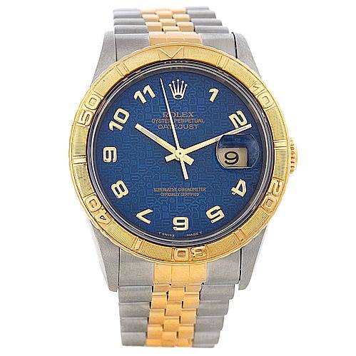 The image shows a front view of a Rolex Turn-o-Graph 16263 Men's Steel and Gold (two tone) Blue Dial 16263 Men's Steel and Gold (two tone) Blue Dial watch, featuring a blue dial, gold bezel, and two-tone metal bracelet.