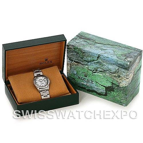 The image shows a Rolex Turn-o-Graph 16264 Men's Stainless Steel Silver Dial 16264 Men's Stainless Steel Silver Dial watch at an angle, displayed in its open box with packaging beside it.
