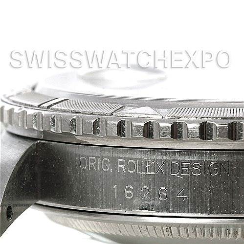 This image shows a side view of a Rolex Turn-o-Graph 16264 Men's Stainless Steel Silver Dial 16264 Men's Stainless Steel Silver Dial model, highlighting the bezel and engraved case with "ORIG. ROLEX DESIGN" and "16264" markings.