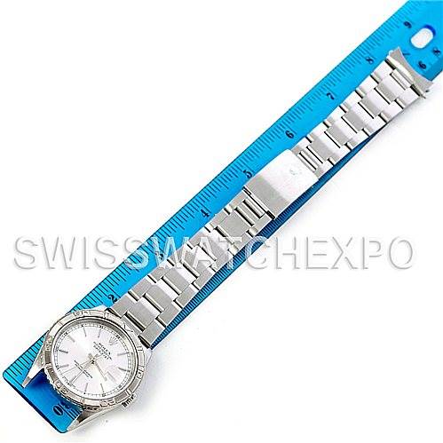 The image shows a Rolex Turn-o-Graph 16264 Men's Stainless Steel Silver Dial 16264 Men's Stainless Steel Silver Dial watch, including the face, bezel, bracelet, and clasp, laid next to a blue ruler.