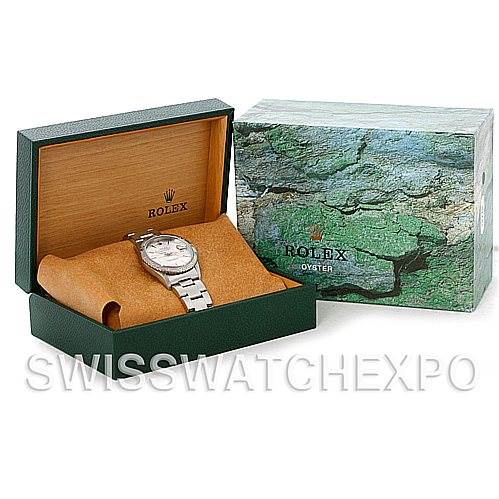 The image shows a Rolex Turn-o-Graph 16264 Men's Stainless Steel Silver Dial 16264 Men's Stainless Steel Silver Dial watch inside an open green and wooden Rolex box, with the box lid displaying the Rolex logo.