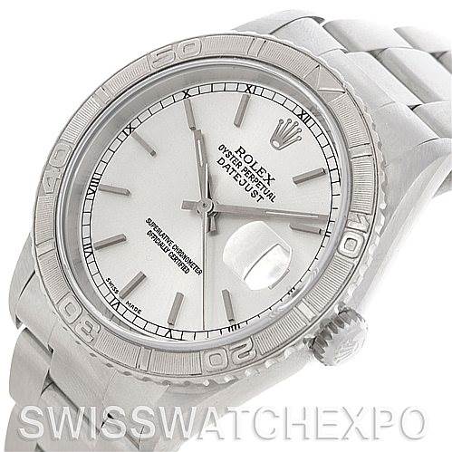 The image shows a close-up of the Rolex Turn-o-Graph 16264 Men's Stainless Steel Silver Dial 16264 Men's Stainless Steel Silver Dial watch from a front angle, highlighting the bezel, dial, and bracelet.
