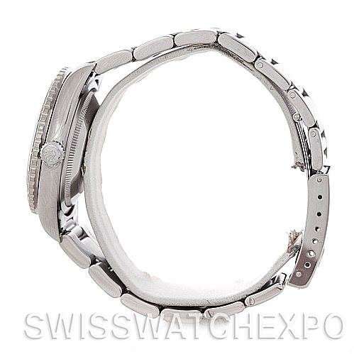 This side view of the Rolex Turn-o-Graph 16264 Men's Stainless Steel Silver Dial 16264 Men's Stainless Steel Silver Dial watch highlights the stainless steel bracelet and case.