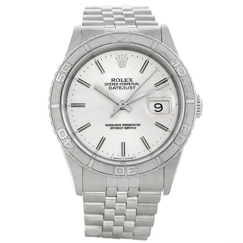 This image shows a frontal view of the Rolex Turn-o-Graph 16264 Men's Stainless Steel White Dial 16264 Men's Stainless Steel White Dial watch, displaying the dial, bezel, and metal bracelet.