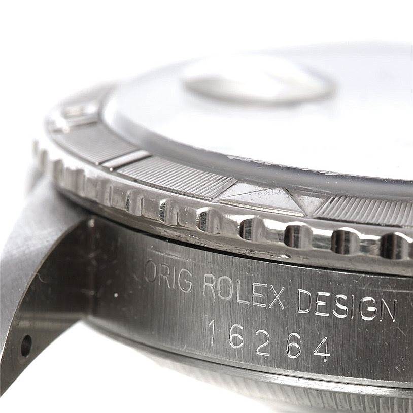 This image shows a close-up of the side of a Rolex Turn-o-Graph 16264 Men's Stainless Steel White Dial 16264 Men's Stainless Steel White Dial watch, highlighting the bezel and "Orig Rolex Design 16264" engraving.