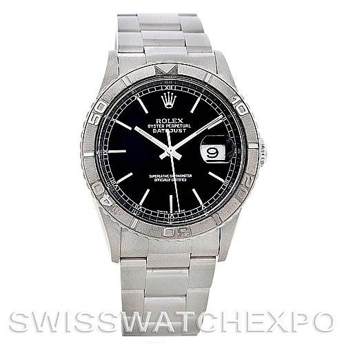 The image shows a front view of the Rolex Turn-o-Graph 16264 Men
s Stainless Steel Black Dial 16264 Men
s Stainless Steel Black Dial watch, highlighting its dial, bezel, and bracelet.