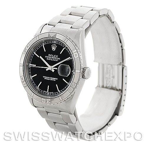 The image shows a Rolex Turn-o-Graph 16264 Men
s Stainless Steel Black Dial 16264 Men
s Stainless Steel Black Dial watch angled slightly to the right, highlighting its face, bezel, crown, and bracelet.