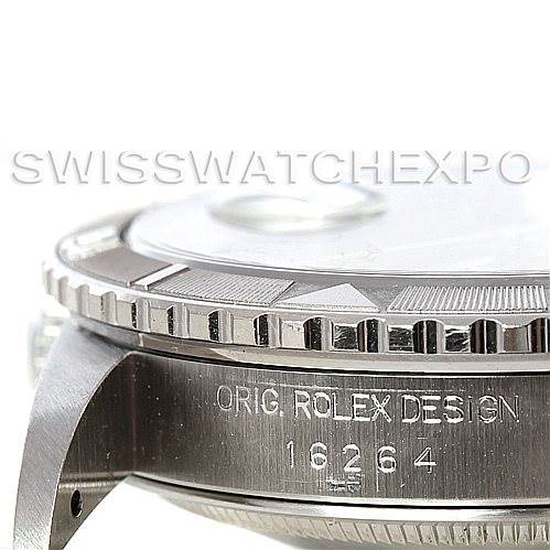This image shows a side angle of the bezel and case of a Rolex Turn-o-Graph 16264 Men
s Stainless Steel Black Dial 16264 Men
s Stainless Steel Black Dial, displaying the "ORIG ROLEX DESIGN" engraving and model number 16264.