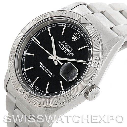 This image shows a Rolex Turn-o-Graph 16264 Men
s Stainless Steel Black Dial 16264 Men
s Stainless Steel Black Dial watch angled to display the face, bezel, crown, and part of the bracelet.