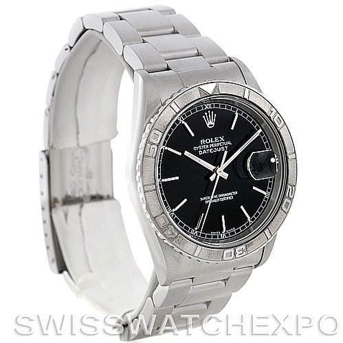 The image shows a side angle of a Rolex Turn-o-Graph 16264 Men
s Stainless Steel Black Dial 16264 Men
s Stainless Steel Black Dial watch, highlighting the bezel, dial, and bracelet.
