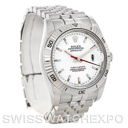 This Rolex Turn-o-Graph 116264 Men's Stainless Steel White Dial 116264 Men's Stainless Steel White Dial watch is shown at a front angle, highlighting its white dial, stainless steel bracelet, and rotating bezel.