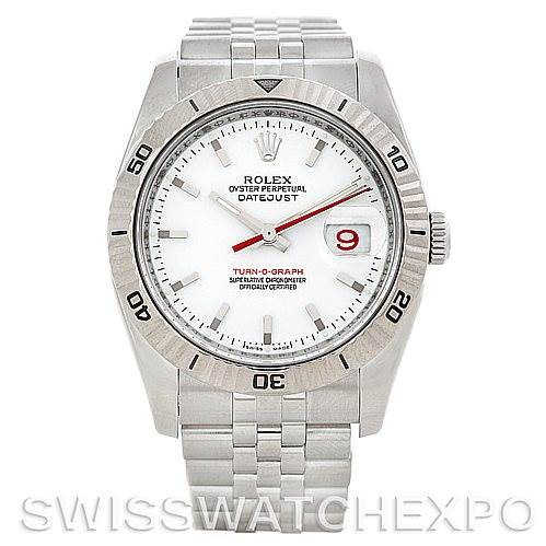 This image shows a front view of the Rolex Turn-o-Graph 116264 Men's Stainless Steel White Dial 116264 Men's Stainless Steel White Dial watch, highlighting its face, bezel, and bracelet.