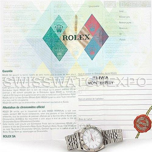 The image shows a Rolex Turn-o-Graph 116264 Men's Stainless Steel White Dial 116264 Men's Stainless Steel White Dial watch displayed on its warranty and chronometer certification papers.