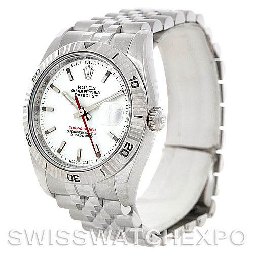 The Rolex Turn-o-Graph 116264 Men's Stainless Steel White Dial 116264 Men's Stainless Steel White Dial watch is shown at an angle displaying its face, bezel, and bracelet.