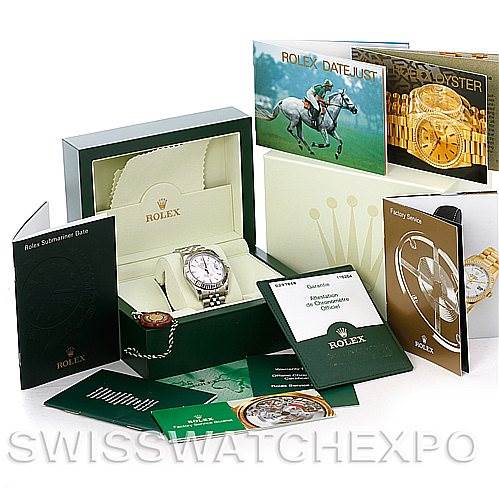 The image shows a Rolex Turn-o-Graph 116264 Men's Stainless Steel White Dial 116264 Men's Stainless Steel White Dial watch in its box, along with various manuals and booklets.