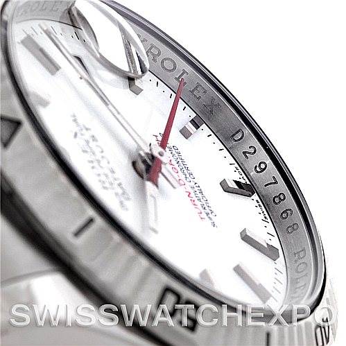 The image shows a close-up angle of a Rolex Turn-o-Graph 116264 Men's Stainless Steel White Dial 116264 Men's Stainless Steel White Dial watch, highlighting the bezel, dial, and part of the bracelet.