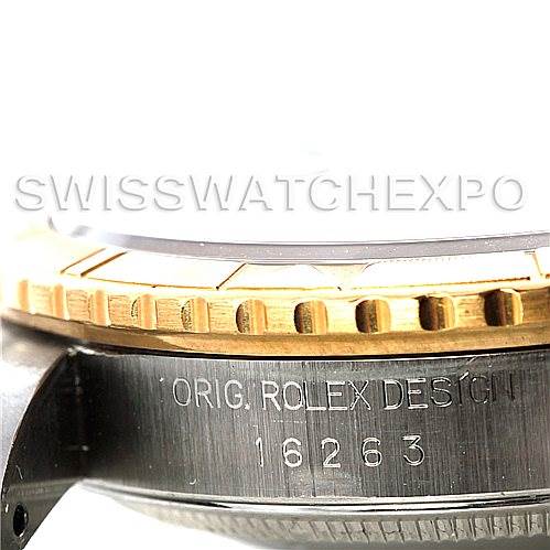 The image shows a close-up side view of a Rolex Turn-o-Graph 16263 Men's Steel and Gold (two tone) Grey Dial 16263 Men's Steel and Gold (two tone) Grey Dial watch, highlighting the bezel and the engraved model number 16263.