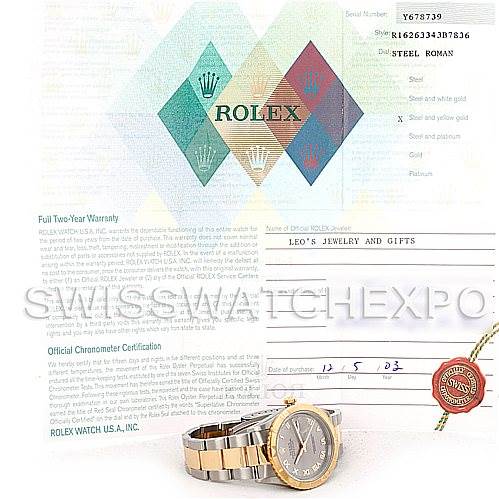 The image shows a Rolex Turn-o-Graph 16263 Men's Steel and Gold (two tone) Grey Dial 16263 Men's Steel and Gold (two tone) Grey Dial watch, with its dial and part of the bracelet facing forward, along with warranty papers.