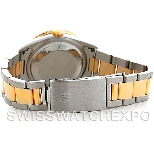 The image shows the back of a Rolex Turn-o-Graph 16263 Men's Steel and Gold (two tone) Grey Dial 16263 Men's Steel and Gold (two tone) Grey Dial watch, highlighting the metal bracelet and clasp.
