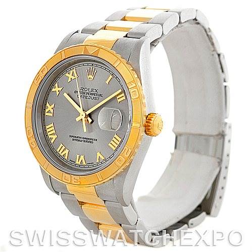 The image shows a frontal view of the Rolex Turn-o-Graph 16263 Men's Steel and Gold (two tone) Grey Dial 16263 Men's Steel and Gold (two tone) Grey Dial watch, showcasing its face, bezel, and band.