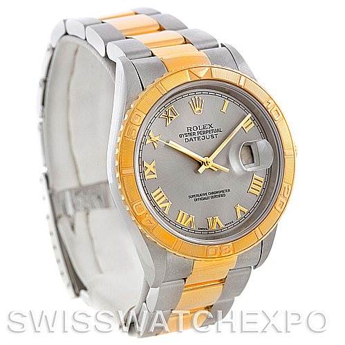 This image shows a Rolex Turn-o-Graph 16263 Men's Steel and Gold (two tone) Grey Dial 16263 Men's Steel and Gold (two tone) Grey Dial model watch with a frontal angle, highlighting the dial, bezel, and part of the bracelet.