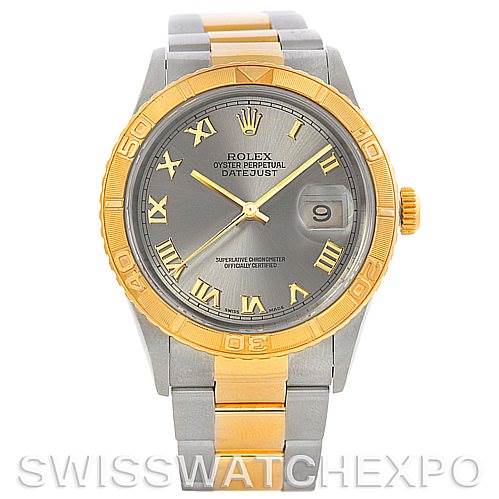 This image shows a front view of a Rolex Turn-o-Graph 16263 Men's Steel and Gold (two tone) Grey Dial 16263 Men's Steel and Gold (two tone) Grey Dial watch, displaying its face, bezel, and part of its bracelet.