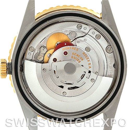 The image shows the back view of a Rolex Turn-o-Graph 16263 Men's Steel and Gold (two tone) Black Dial 16263 Men's Steel and Gold (two tone) Black Dial watch, highlighting the internal mechanical movement.