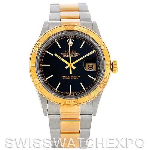 The image shows a Rolex Turn-o-Graph 16263 Men's Steel and Gold (two tone) Black Dial 16263 Men's Steel and Gold (two tone) Black Dial watch with a gold bezel, black dial, and two-tone metal strap, displayed at a front angle.