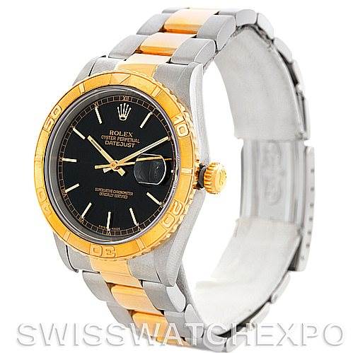 This is a side-angle view of a Rolex Turn-o-Graph 16263 Men's Steel and Gold (two tone) Black Dial 16263 Men's Steel and Gold (two tone) Black Dial watch, showing the bezel, dial, and band.