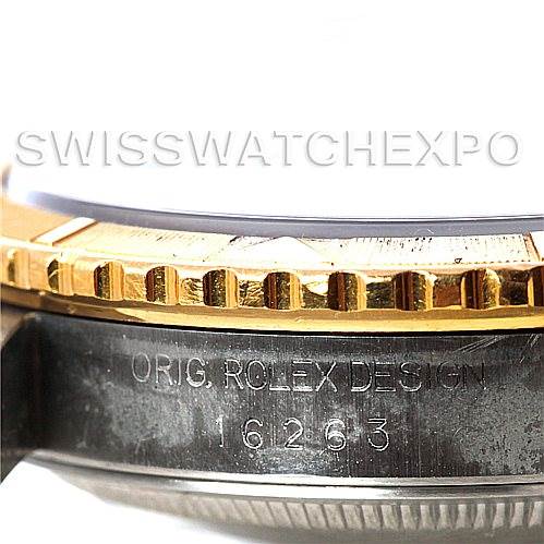 This close-up angle of the Rolex Turn-o-Graph 16263 Men's Steel and Gold (two tone) Black Dial 16263 Men's Steel and Gold (two tone) Black Dial shows the side view of the bezel and engraved case details.