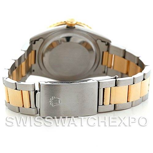 The image shows the back and bracelet of a Rolex Turn-o-Graph 16263 Men's Steel and Gold (two tone) Black Dial 16263 Men's Steel and Gold (two tone) Black Dial watch, highlighting the two-tone metal bracelet and clasp.