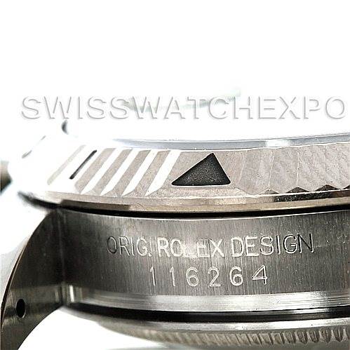 This close-up angle shows the bezel and case side of the Rolex Turn-o-Graph 116264 Men's Stainless Steel Black Dial 116264 Men's Stainless Steel Black Dial model, highlighting the engraving "ORIG. ROLEX DESIGN 116264."