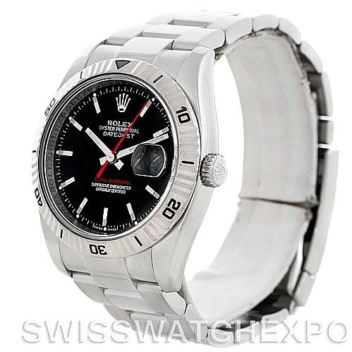 The image shows a Rolex Turn-o-Graph 116264 Men's Stainless Steel Black Dial 116264 Men's Stainless Steel Black Dial watch at an angle that highlights the dial, bezel, crown, and bracelet.
