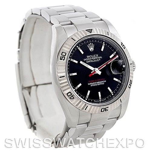 The image shows a Rolex Turn-o-Graph 116264 Men's Stainless Steel Black Dial 116264 Men's Stainless Steel Black Dial watch at a slight angle, revealing the bezel, black dial, and part of the metal bracelet.