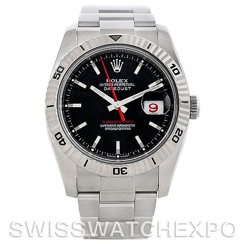 The image shows a Rolex Turn-o-Graph 116264 Men's Stainless Steel Black Dial 116264 Men's Stainless Steel Black Dial model watch from the front, featuring a black dial, date window, and stainless steel bracelet.
