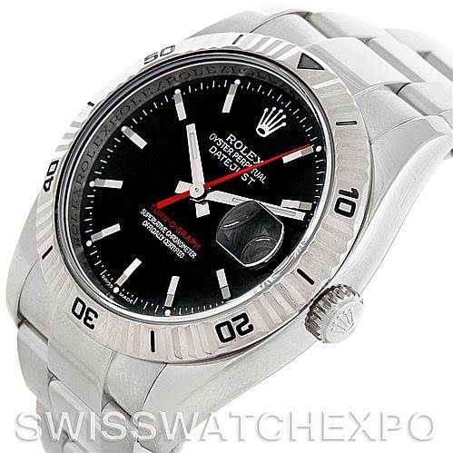 This image shows a Rolex Turn-o-Graph 116264 Men's Stainless Steel Black Dial 116264 Men's Stainless Steel Black Dial watch at an angled side view, highlighting its bezel, dial, and bracelet.