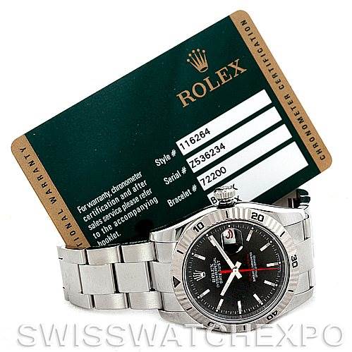 The image shows a Rolex Turn-o-Graph 116264 Men's Stainless Steel Black Dial 116264 Men's Stainless Steel Black Dial watch at an angled view, displaying the face, bezel, and bracelet, alongside its certification card.