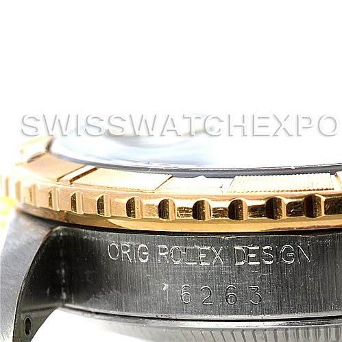 This image shows a close-up side view of the Turn-o-Graph model by Rolex, focusing on the bezel and the engraved case.