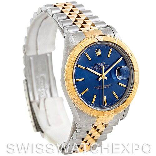 The Rolex Turn-o-Graph 16263 Men's Steel and Gold (two tone) Blue Dial 16263 Men's Steel and Gold (two tone) Blue Dial watch is shown at a slight angle, highlighting its gold bezel, blue dial, and two-tone bracelet.