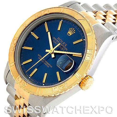 The image shows a Rolex Turn-o-Graph 16263 Men's Steel and Gold (two tone) Blue Dial 16263 Men's Steel and Gold (two tone) Blue Dial watch at a slight angle, displaying the bezel, dial, hands, crown, and part of the bracelet.