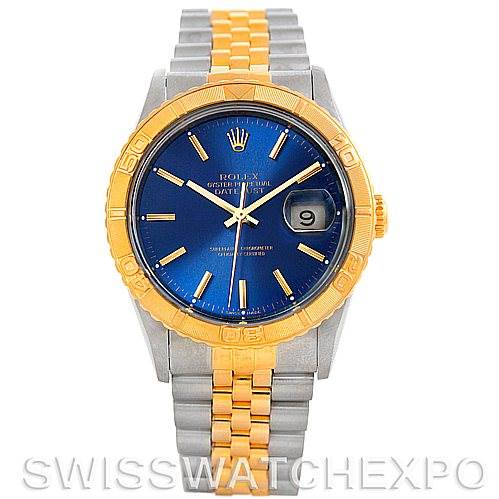 This image shows a front view of a Rolex Turn-o-Graph 16263 Men's Steel and Gold (two tone) Blue Dial 16263 Men's Steel and Gold (two tone) Blue Dial watch with a blue dial, gold bezel, and a two-tone gold and silver bracelet.