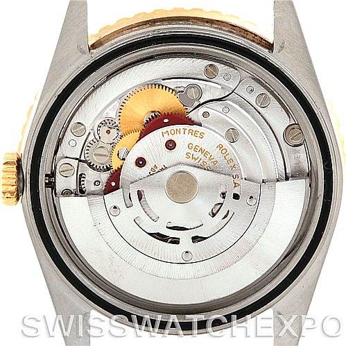 This image shows the internal mechanism of a Rolex Turn-o-Graph 16263 Men's Steel and Gold (two tone) Blue Dial 16263 Men's Steel and Gold (two tone) Blue Dial watch from the back.