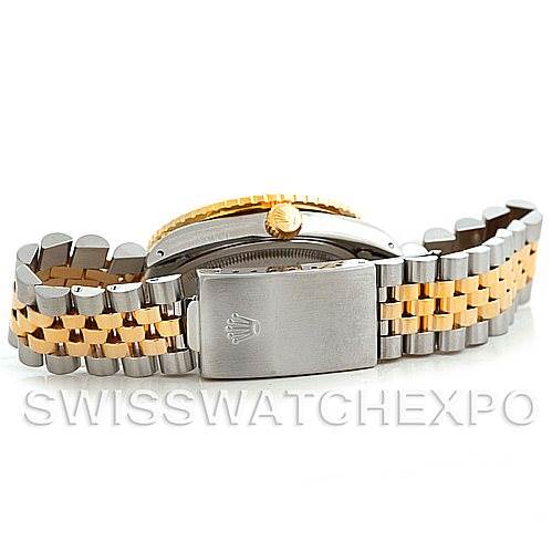 The image shows the side and clasp of a Rolex Turn-o-Graph 16263 Men's Steel and Gold (two tone) Blue Dial 16263 Men's Steel and Gold (two tone) Blue Dial watch, featuring a two-tone bracelet with gold and steel links.