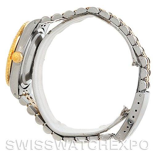 This image shows a side view of the Rolex Turn-o-Graph 16263 Men's Steel and Gold (two tone) Blue Dial 16263 Men's Steel and Gold (two tone) Blue Dial watch, highlighting its bracelet, clasp, crown, and bezel.